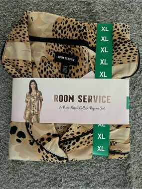 Room Service Women's Beige Animal Print Notch Collar Pajama Set